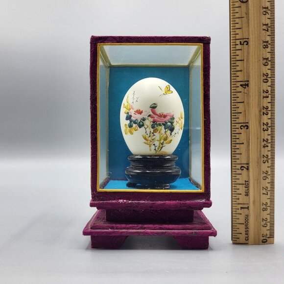 Vintage Chinese Hand Painted Decorative Egg In Display Case Floral Butterfly - Picture 11 of 12